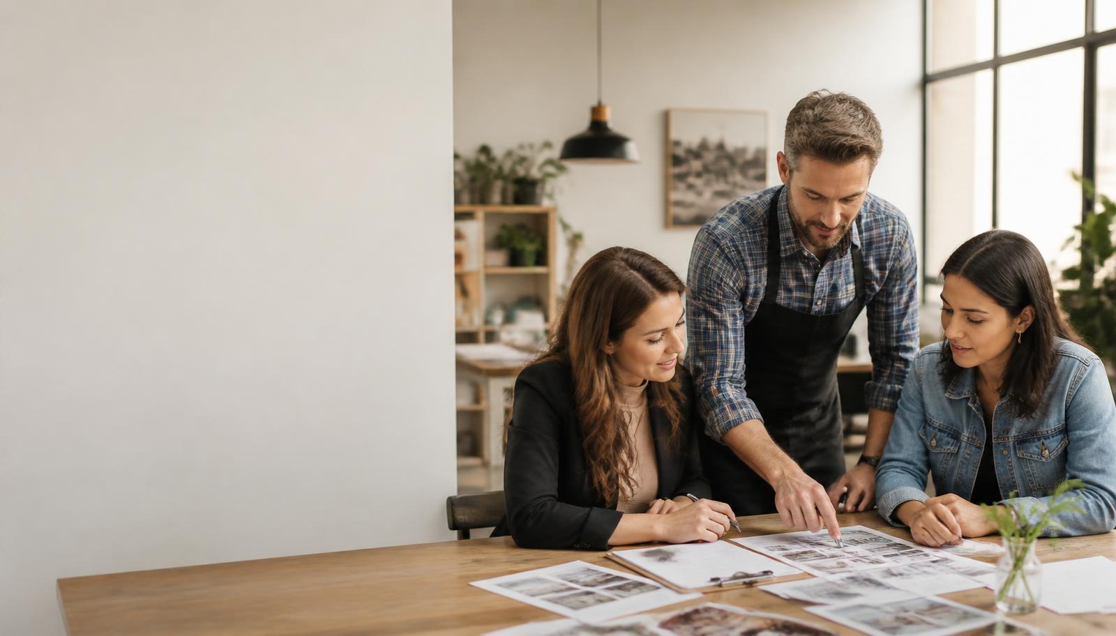 A business owner and team reviewing work together in their workplace